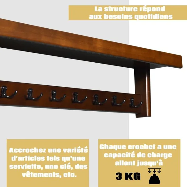 Porte Manteaux Mural Ensemble 14 Crochets 1 Etagère pour Présentoir en Bois d’Hévéa Marron