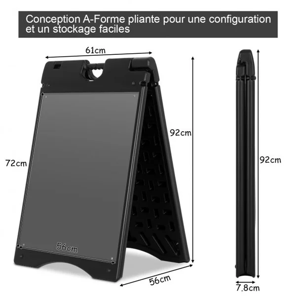 Porte-affiche A2 Panneau d’affichage Chevalet pour trottoir en HDPE 2 Films Plastiques Pliable 90,8x45,6x61cm Noir