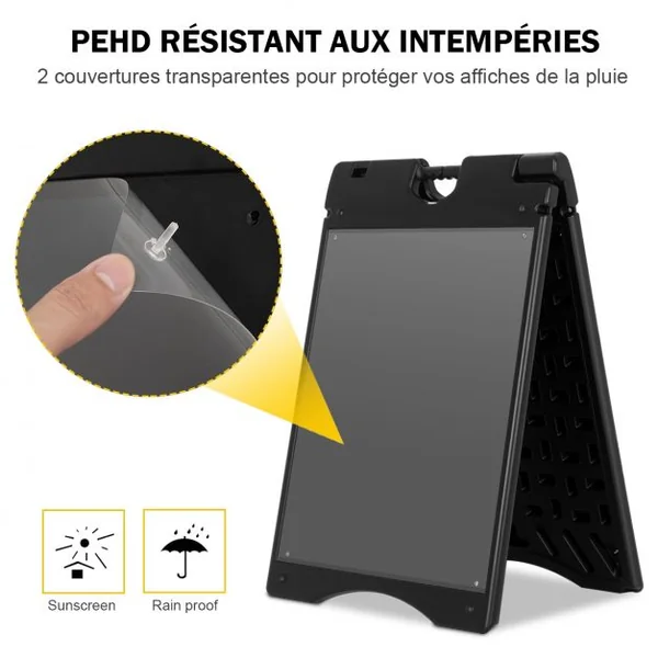 Porte-affiche A2 Panneau d’affichage Chevalet pour trottoir en HDPE 2 Films Plastiques Pliable 90,8x45,6x61cm Noir