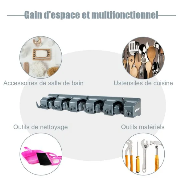 Porte-Balai Pour Serpillière Organiseur d'Outils Mural Avec 5 Positions Et 6 Crochets Pliables