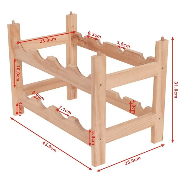 Porte-bouteille de vin 2 niveaux Casier à vin en bois 8 bouteilles Etagère à vin empilable en bois, 43x25x31cm, Naturel