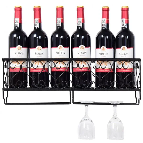 Porte-bouteilles à Vin mural support pour 6 bouteilles et porte-verres Range Bouteille en Fer Haute Qualité 50 x 10 x 17 cm
