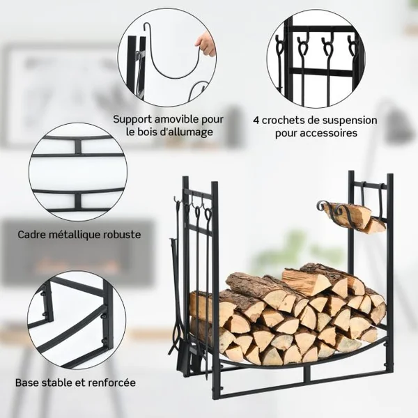 Porte-bûche en Fer avec 4PCS Serviteur de Cheminée et Support Amovible Range-bûche Charge 40kg pour Poêle Brasero Foyer