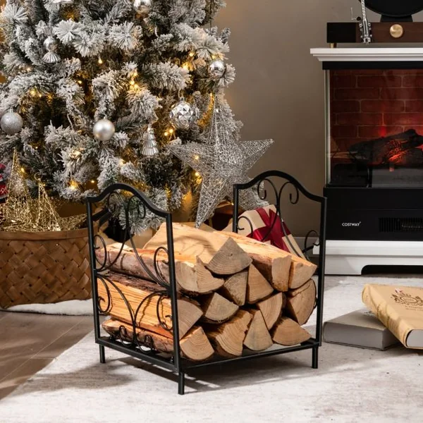 Porte-Bûches en Fer Forgé avec Poignée Charge Max 60 kg de Bois Range-bûche pour Poêle Brasero Foyer Cheminée 44x32x39,5cm