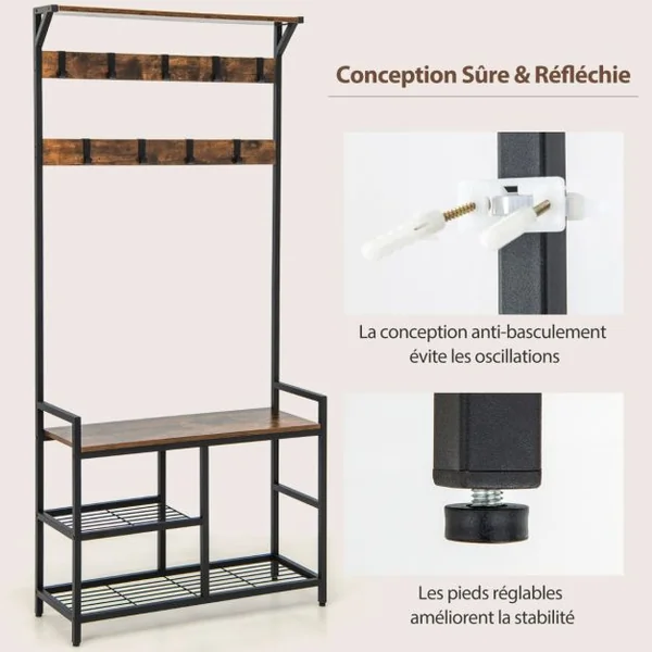 Porte-manteau 3 en 1 de 180cm avec Banc à Chaussures Rangement pour Chaussures et 9 Crochets Amovibles Étagère Autoportante Marron Rustique