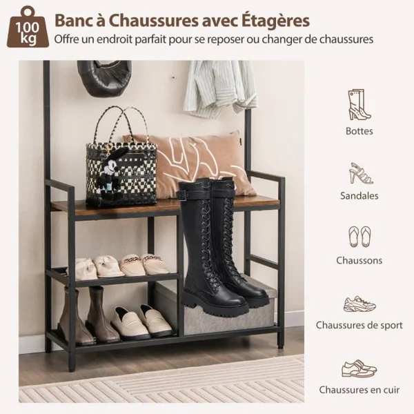 Porte-manteau 3 en 1 de 180cm avec Banc à Chaussures Rangement pour Chaussures et 9 Crochets Amovibles Étagère Autoportante Marron Rustique