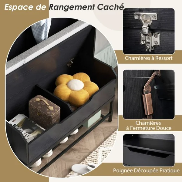 Porte-manteau avec Banc et Coussin Compartiments Ouverts Crochets Rangement à Chaussures à Dessus Relevable Noir/Marron Rustique