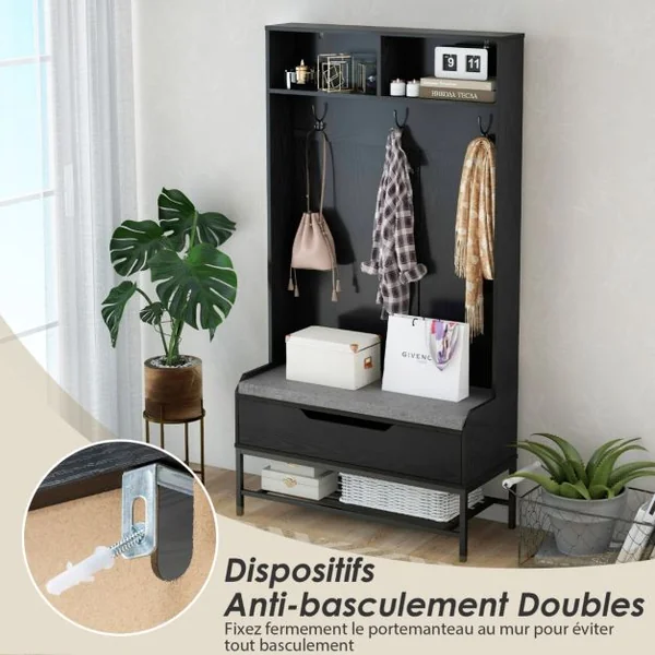 Porte-manteau avec Banc et Coussin Compartiments Ouverts Crochets Rangement à Chaussures à Dessus Relevable Noir/Marron Rustique