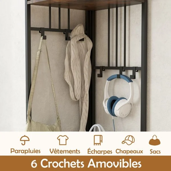 Porte-Manteau d’Angle à 4 Niveaux avec Rangement pour Chaussures Etagère à Chaussures de 180cm de Haut Naturel