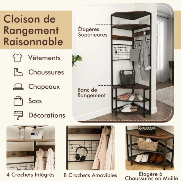 Porte-Manteau d’Angle à 5 Niveaux avec Banc de Rangement pour Chaussures 12 Crochets en Métal Porte-Vêtements Autoportant Marron Rustique/Blanc et Doré