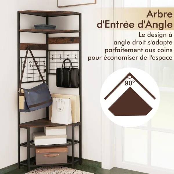 Porte-Manteau d’Angle à 5 Niveaux avec Banc de Rangement pour Chaussures 12 Crochets en Métal Porte-Vêtements Autoportant Marron Rustique/Blanc et Doré