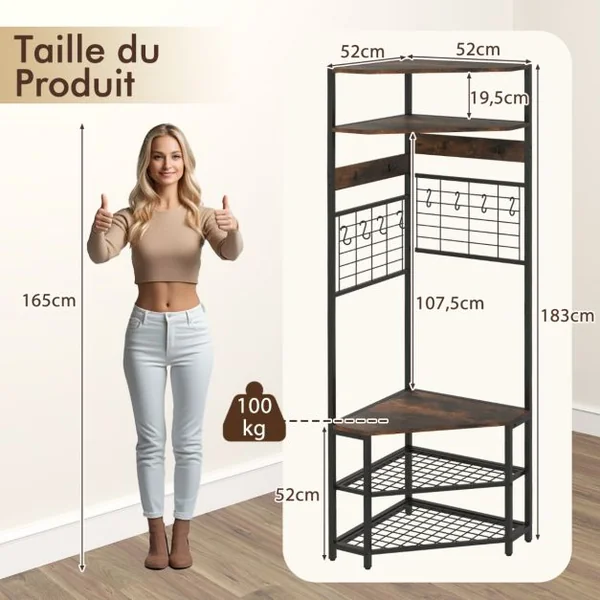 Porte-Manteau d’Angle à 5 Niveaux avec Banc de Rangement pour Chaussures 12 Crochets en Métal Porte-Vêtements Autoportant Marron Rustique/Blanc et Doré