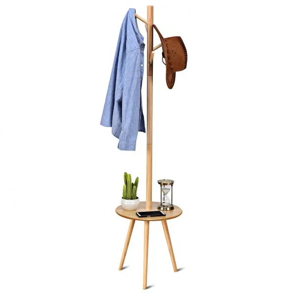 Porte-Manteau en Bois avec 4 Crochets Porte-manteaux pour Ranger Vestes Manteaux Chapeaux avec étagère 40x40x161,5CM