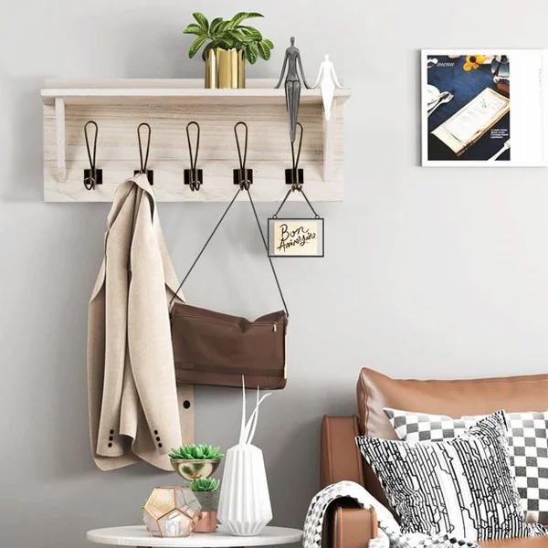Porte-manteau Mural avec Etagère 5 Crochets Doubles en Métal 61 x 8 x 25,5 cm Blanc