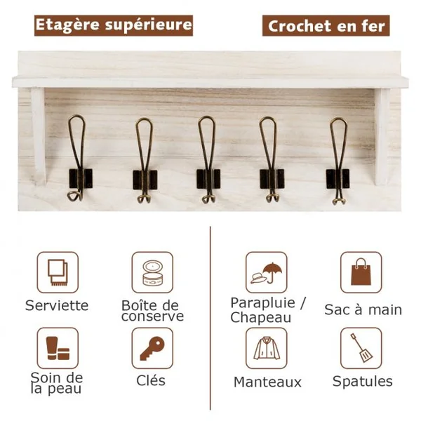 Porte-manteau Mural avec Etagère 5 Crochets Doubles en Métal 61 x 8 x 25,5 cm Blanc