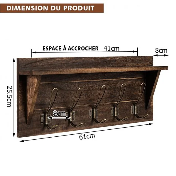 Porte-manteau Mural avec Etagère 5 Crochets Doubles en Métal 61 x 8 x 25,5 cm Marron