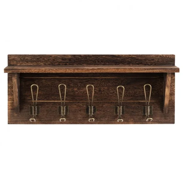 Porte-manteau Mural avec Etagère 5 Crochets Doubles en Métal 61 x 8 x 25,5 cm Marron