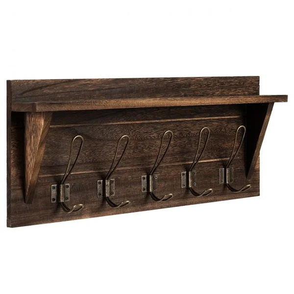 Porte-manteau Mural avec Etagère 5 Crochets Doubles en Métal 61 x 8 x 25,5 cm Marron