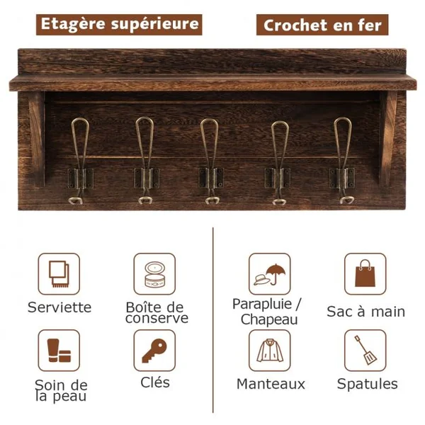 Porte-manteau Mural avec Etagère 5 Crochets Doubles en Métal 61 x 8 x 25,5 cm Marron