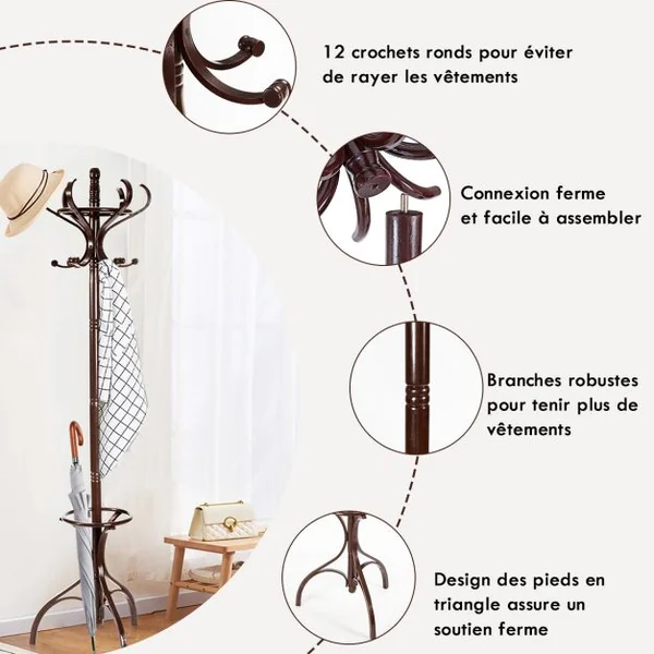 Porte-manteau Sur Pied 12 Crochets en Bois Bouleau et Peuplier Dia. Base 28cm Haut 182cm Brun Rougeâtre