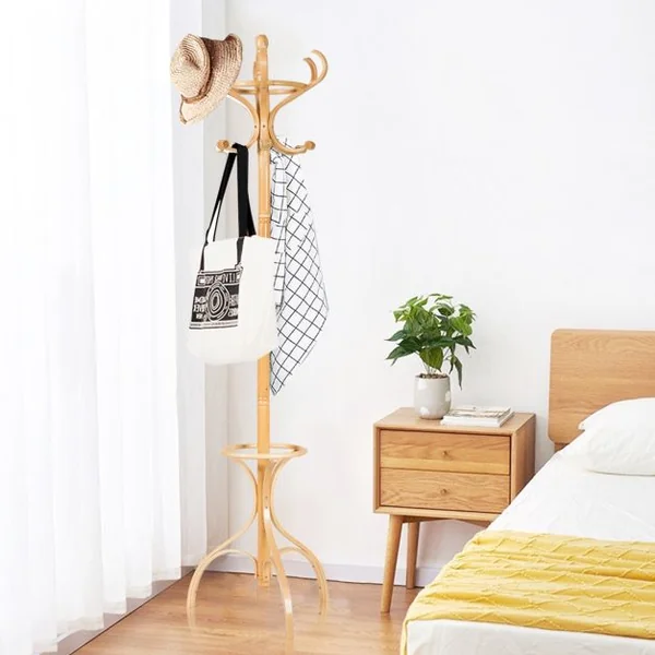 Porte-manteau Sur Pied 12 Crochets en Bois Bouleau et Peuplier Dia. Base 28cm Haut 182cm Naturel