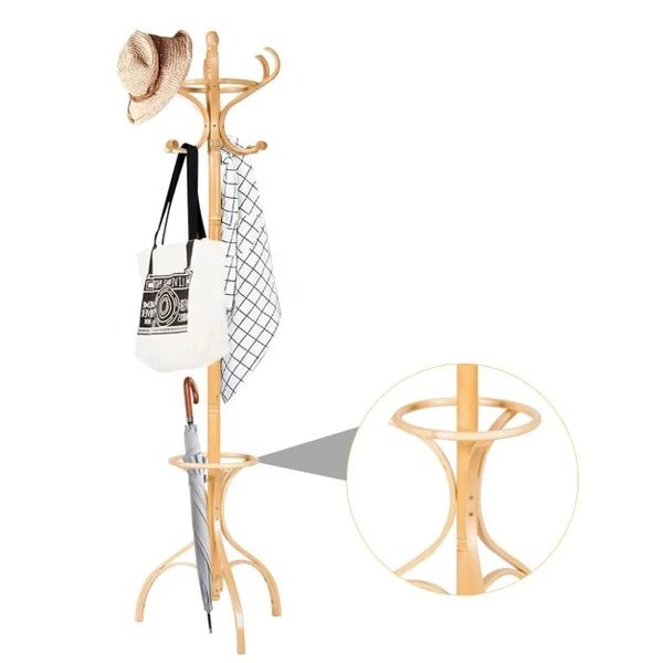 Porte-manteau Sur Pied 12 Crochets en Bois Bouleau et Peuplier Dia. Base 28cm Haut 182cm Naturel