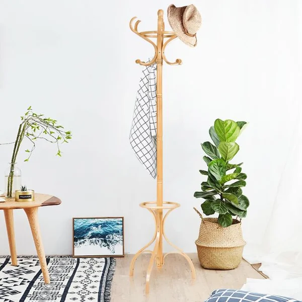 Porte-manteau Sur Pied 12 Crochets en Bois Bouleau et Peuplier Dia. Base 28cm Haut 182cm Naturel