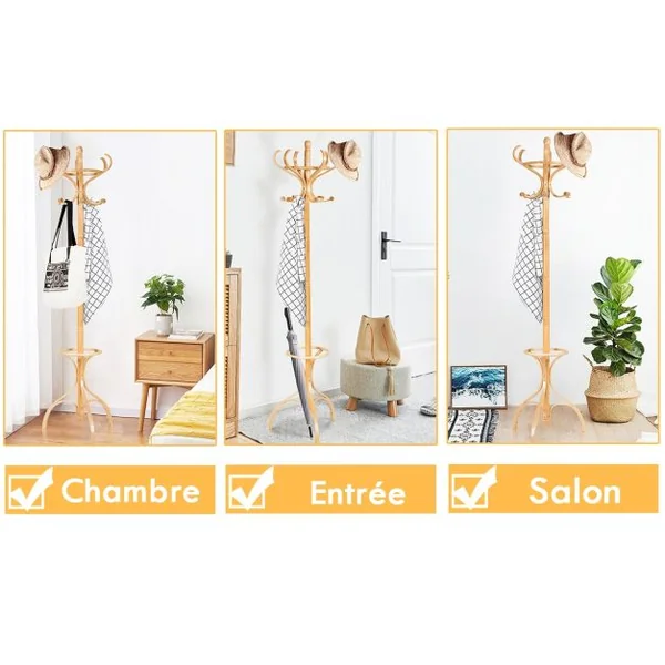 Porte-manteau Sur Pied 12 Crochets en Bois Bouleau et Peuplier Dia. Base 28cm Haut 182cm Naturel