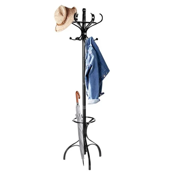 Porte-manteau Sur Pied 12 Crochets en Bois Bouleau et Peuplier Dia. Base 28cm Haut 182cm Noir