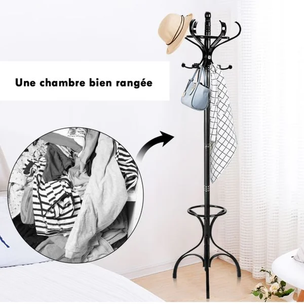 Porte-manteau Sur Pied 12 Crochets en Bois Bouleau et Peuplier Dia. Base 28cm Haut 182cm Noir