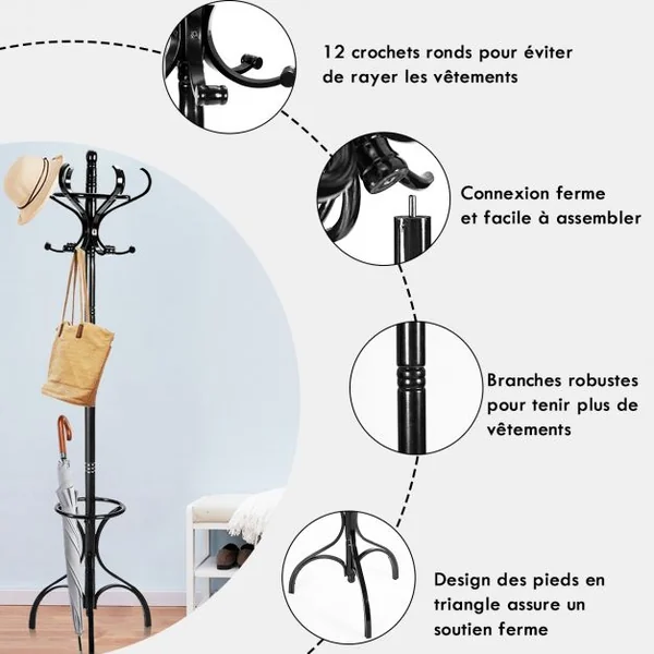 Porte-manteau Sur Pied 12 Crochets en Bois Bouleau et Peuplier Dia. Base 28cm Haut 182cm Noir
