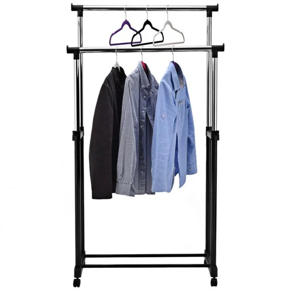 Porte-manteau sur Roulettes avec Étagère à Chaussures Portant à Vêtements Hauteur Réglable Double Barres, 84x43x168cm