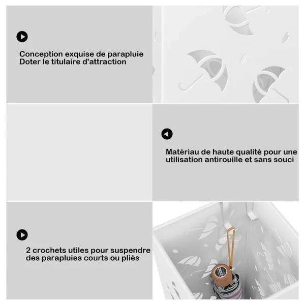 Porte-parapluie Carré en Métal pour l’Entrée avec 2 Crochets Extérieurs Haute Résistance en Fer, 19x19x50cm, Blanc