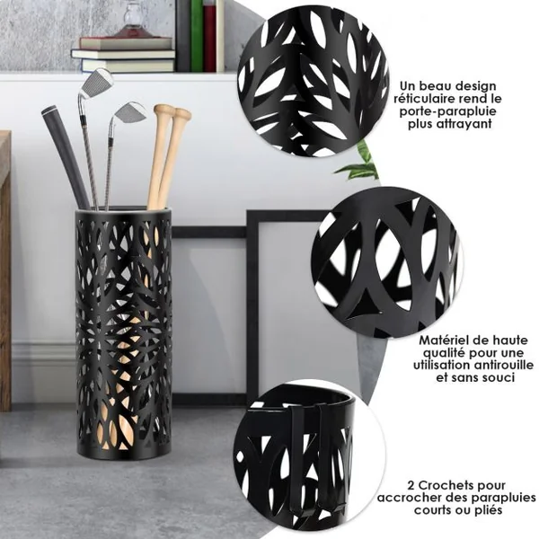 Porte-parapluie Rond Ø19x50 Cm Rangement pour Parapluie Cannes avec 2 Crochets Joli Motif en Métal Noir