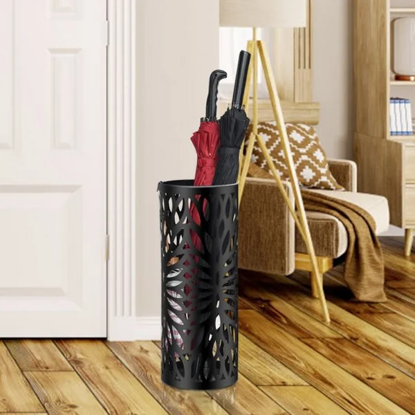 Porte-parapluie Rond Ø19x50 Cm Rangement pour Parapluie Cannes avec 2 Crochets Joli Motif en Métal Noir