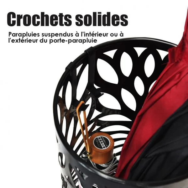 Porte-parapluie Rond Ø19x50 Cm Rangement pour Parapluie Cannes avec 2 Crochets Joli Motif en Métal Noir