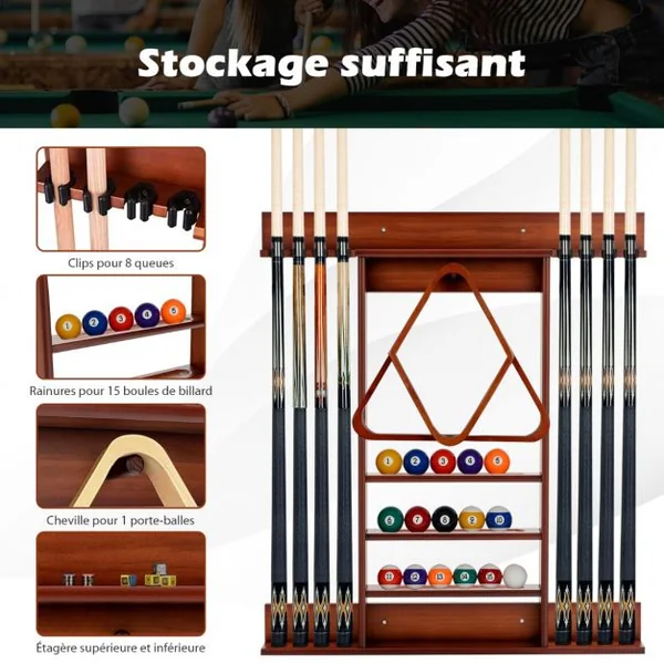 Porte-Queues de Billard Mural 8 Queues et Rainures à 3 Niveaux 15 Porte-balles 1 Porte-boules Triangle en Bois pour Club