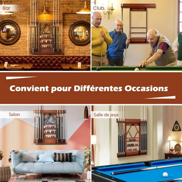 Porte-Queues de Billard Mural 8 Queues et Rainures à 3 Niveaux 15 Porte-balles 1 Porte-boules Triangle en Bois pour Club