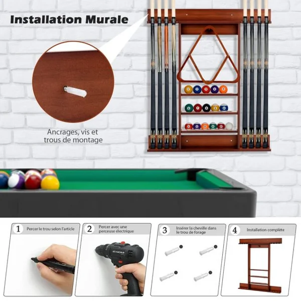 Porte-Queues de Billard Mural 8 Queues et Rainures à 3 Niveaux 15 Porte-balles 1 Porte-boules Triangle en Bois pour Club