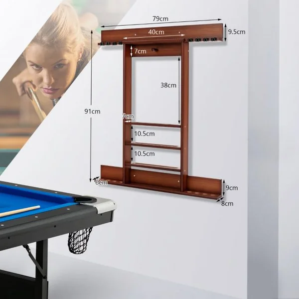 Porte-Queues de Billard Mural 8 Queues et Rainures à 3 Niveaux 15 Porte-balles 1 Porte-boules Triangle en Bois pour Club
