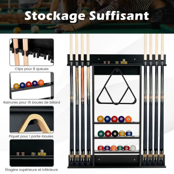 Porte-Queues de Billard Mural 8 Queues et Rainures à 3 Niveaux 15 Porte-balles 1 Porte-boules Triangle en Bois pour Club Noir