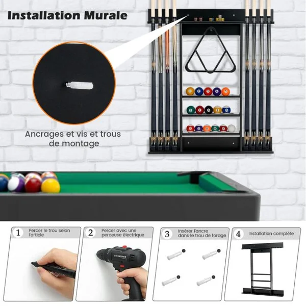 Porte-Queues de Billard Mural 8 Queues et Rainures à 3 Niveaux 15 Porte-balles 1 Porte-boules Triangle en Bois pour Club Noir