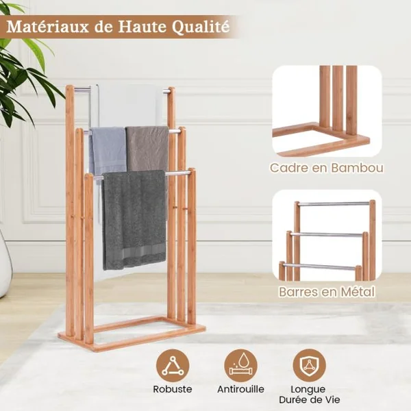 Porte-serviettes et vêtements, Échelle pour serviettes Meuble serviettes 3 barres, 46 x 24 x 84 CM (L x P x H), Naturel