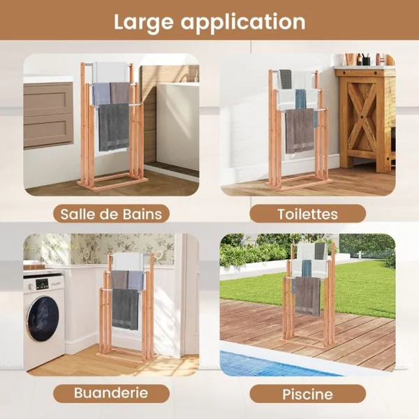 Porte-serviettes et vêtements, Échelle pour serviettes Meuble serviettes 3 barres, 46 x 24 x 84 CM (L x P x H), Naturel