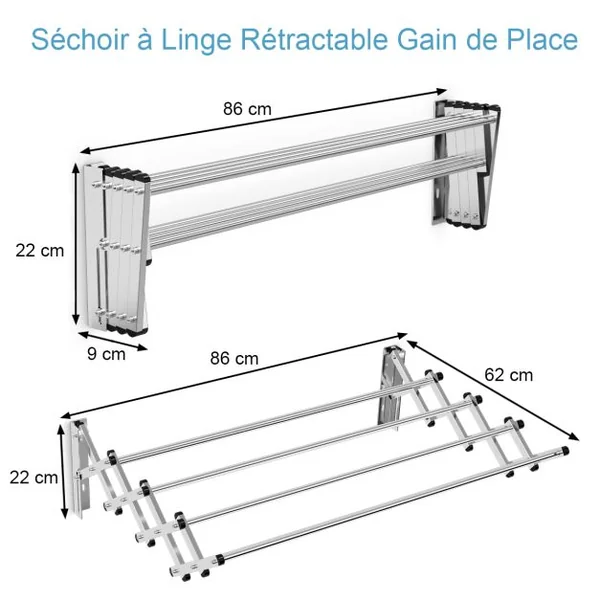 Porte-Serviettes Extensible Mural - 8 Barres en Acier Inox. 86 x 62 x 22 CM pour Salle de Bain Argent