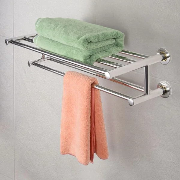 Porte-serviettes mural double pour salle de bain Etagère de salle de bain Acier inoxydable, 60x22.5x16cm, Couleur argent