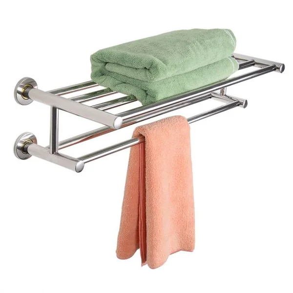 Porte-serviettes mural double pour salle de bain Etagère de salle de bain Acier inoxydable, 60x22.5x16cm, Couleur argent