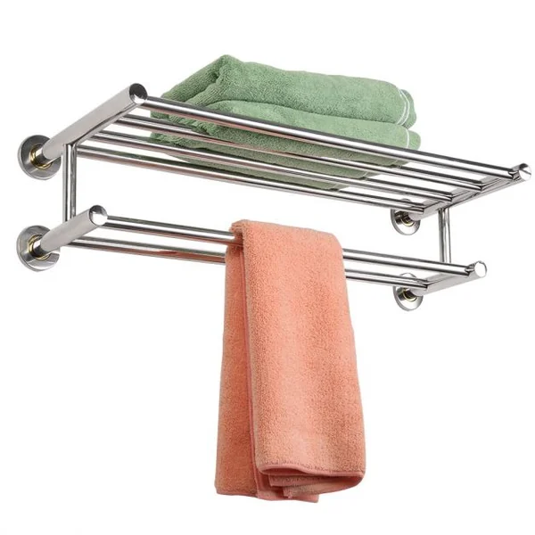 Porte-serviettes mural double pour salle de bain Etagère de salle de bain Acier inoxydable, 60x22.5x16cm, Couleur argent