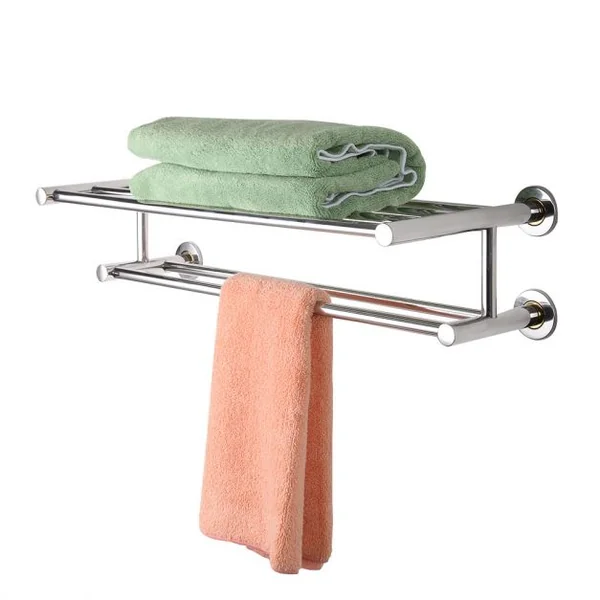 Porte-serviettes mural double pour salle de bain Etagère de salle de bain Acier inoxydable, 60x22.5x16cm, Couleur argent