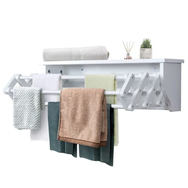 Porte-serviettes Mural Extensible en Accordéon avec 10 Tiges à Linge en Bois de Pin et Mdf 65x21,5x17-44cm Blanc